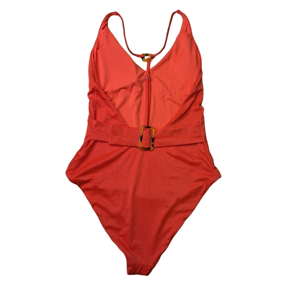 2/$25-Miss Adola Ribbed T-back One Piece Orange/Red Lower Back Belt Cinch Vneck - Picture 3 of 8